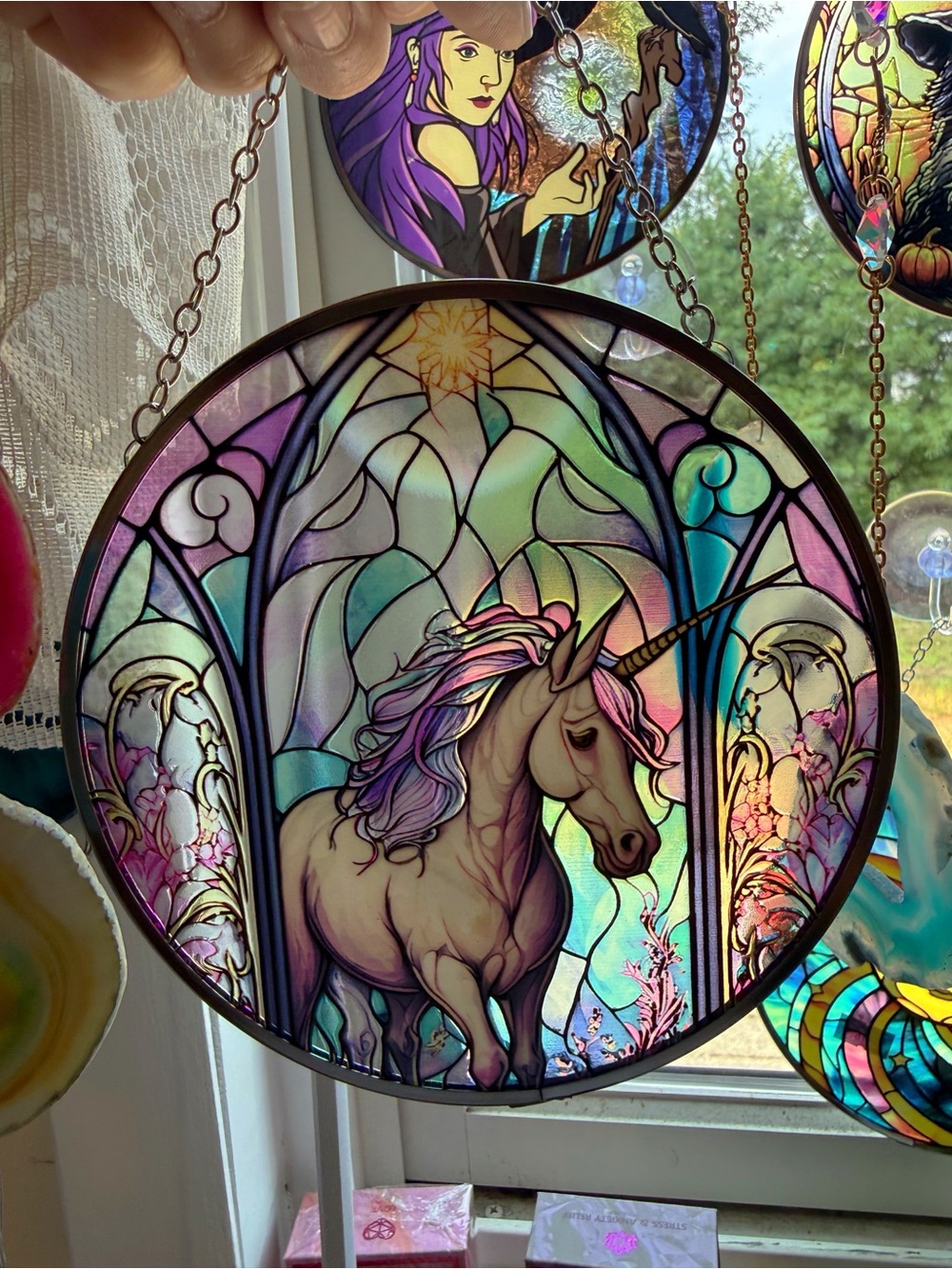 Unicorn Stained Glass-Style Hanging Art (Purple, Teal, Pink)